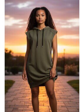 Public School Sleeveless Olive Green Hoodie Dress With Black & White Side Stripe